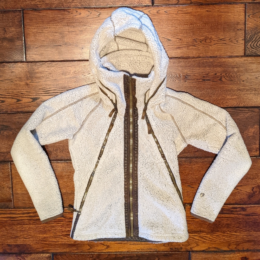 Kuhl Women's Flight Jacket Packable Hood Fleece Oatmeal Brown Full Zip Sherpa XS